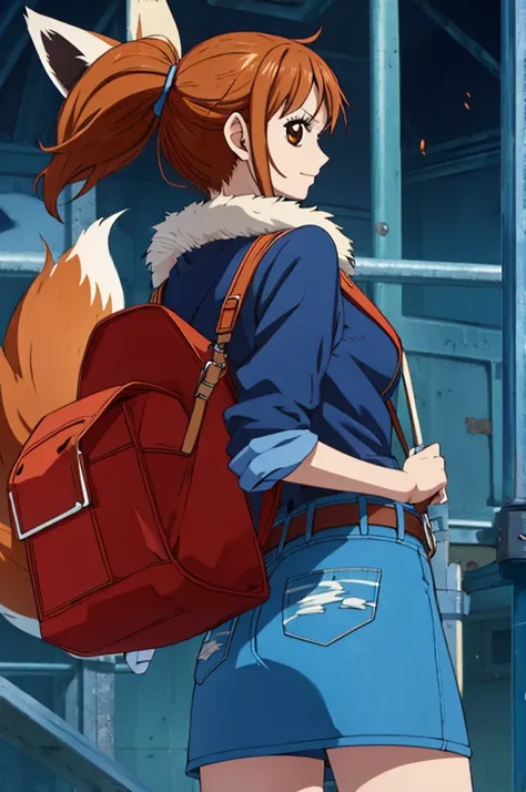 one piece, Woman, fox ear, fox tail, jeans jacket, brownhair, eyes browns, red backpack on the back, best qualityer, denim skirt, belt with fox symbol, medica.
