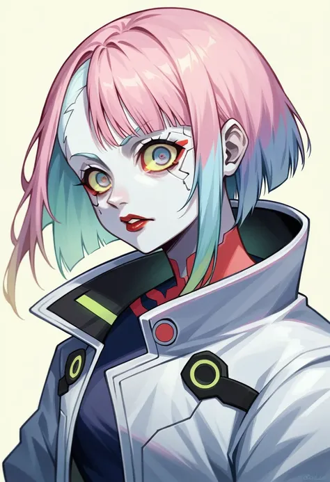 Lucy (cyberpunk), 1 girl, hits, blue fur, colored tips, grey eyes, Jacket, long sleeves, looking at the viewer, medium hair, face portrait, multicolor fur, hair flying up, Chapped lips, parted hits, (crazy eyes), Eyes wide open, media way, pink hair, portr...