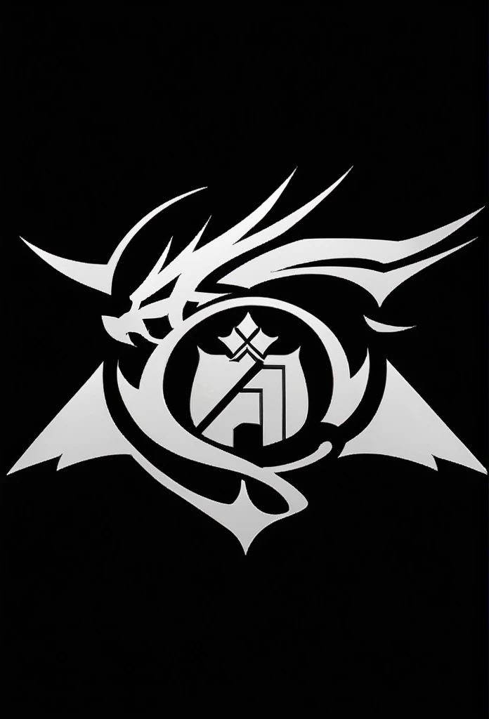 monochrome, greyscale, no humans, black background,emblem,dragon, guilda
