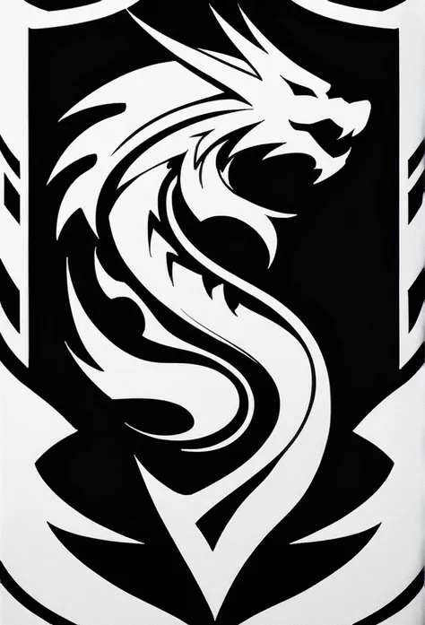 monochrome, greyscale, no humans, black background,emblem,dragon, guilda