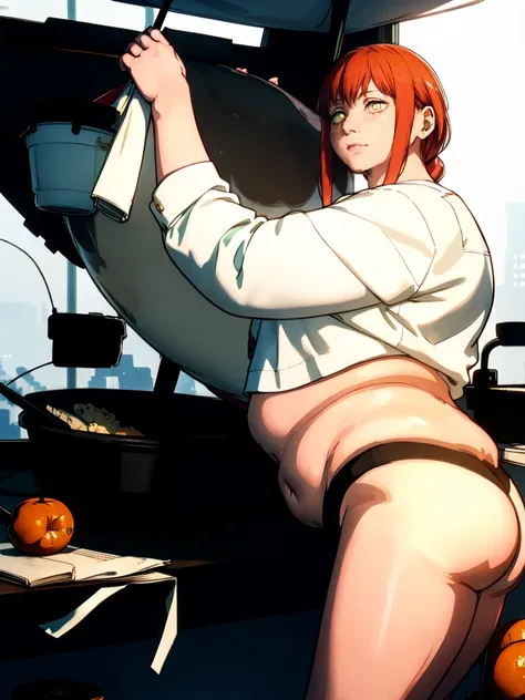 Le personnage Makima de la série animée Chainsaw Man, fragile, obésité morbide, ssbbw, pleine longueur (corps entier 1.1.), fond sombre, obscurité, anatomie correcte 1.1, anatomie correcte de la main, Très féminin, corps gras et rond, grosses Jambes, fesse...