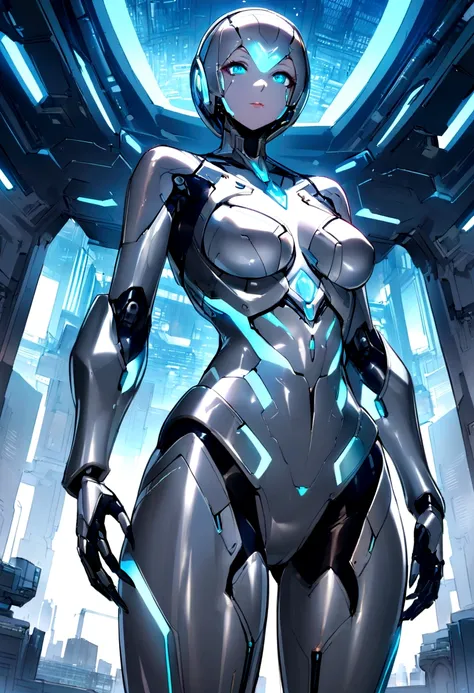 "A female humanoid robot with a sleek, futuristic appearance, Constructed with a shiny, high-tech metallic material. She has a friendly face with expressive eyes that emanate a soft blue light.. Your body is slender and well-proportioned, with subtle femin...