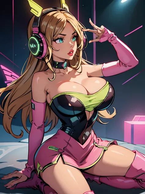 future, neon, tech Valkyrie, tech boots, tech gloves, tech headphones, cleavage, dynamic sexy pose