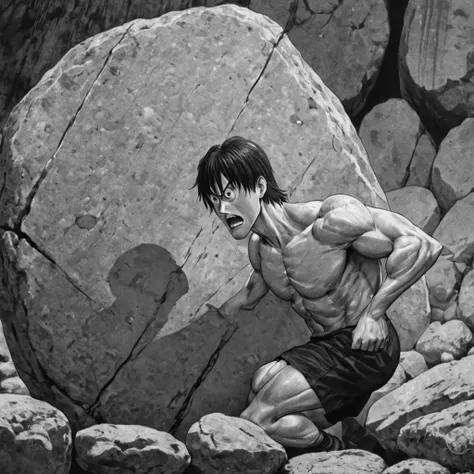 muscular man lifting a giant rock, (anime), bizarre scenario, This is Junji, Yusuke Murata, black and white, 8K, anime, horror