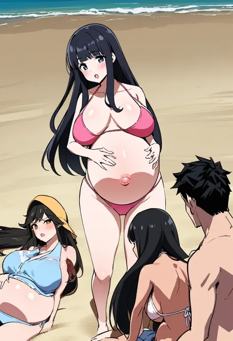 Black Hair、long hair、bikini、Beach、sun、Pregnant women、