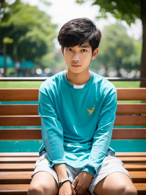 a 19 year old Indonesian boy with short hair sits on a park bench looking at the camera