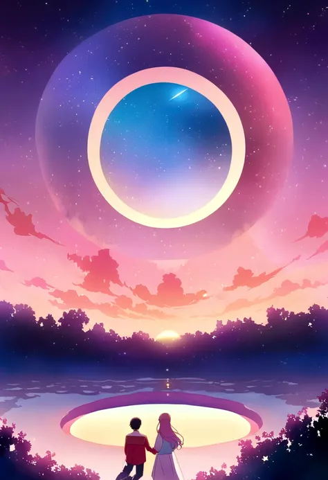 Lunar crater, Anime aesthetic style, Dreamy and romantic composition, Colorful sky, concise, Song, Soft, Romantic scenery, Dark pink and light amber - ar 3:2 --style raw --v 5.1 --s750