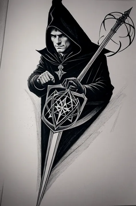 Dessin en noir et blanc dun magicien avec le symbole de linfini 