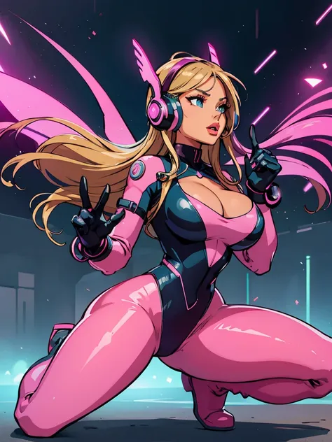 future, neon, tech Valkyrie, technology bodysuit,tech boots, tech gloves, tech headphones, cleavage, dynamic sexy pose, Technological futuristic armor 