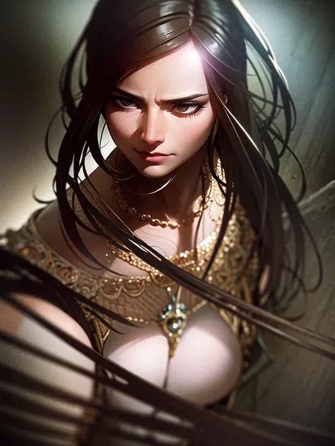 a powerful and dominant woman, dramatic lighting, muscular physique, strong facial features, determined expression, cinematic composition, dark fantasy, moody colors, dramatic shadows, high contrast, intricate details, digital art, 8k, photorealistic, chia...