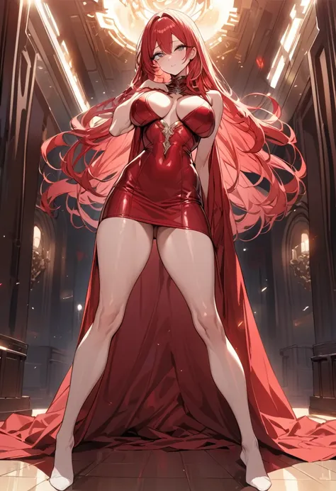 Masterpiece, Ultra detailed, 1 girl, long hair, red hair, white eyes, bright eyes, radiant, sexy super short dress, red dress, big breasts, no shoes, standing, legs crossed, posing