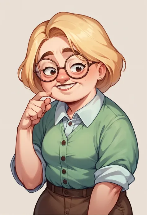 a 30-year-old woman with white skin, long blonde hair and a captivating smile, eyes browns, Round face, glasses, the setting is a studio with balls of thread and pixar needles