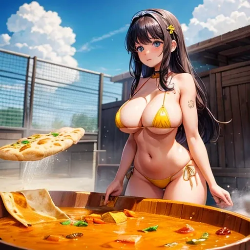 A girl in a micro bikini making a giant naan curry