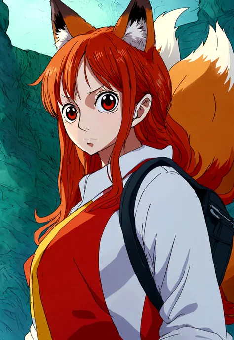 1 girl, 独奏, illustration, dark intense shadows, soft lighting, colorfully, sketch, fox and human mix, fox ear, fox tail, red backpack, traditional outfit, Estilo One Piece, (best qualityer), (masterpiece)