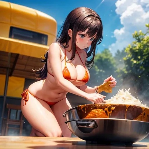 A girl in a micro bikini making a giant naan curry