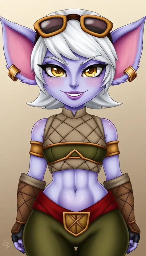 tristanalolxl, yordle, yellow eyes, pointy ears, by white, short hair, earrings, glasses on head, purple skin, colored skin. old...