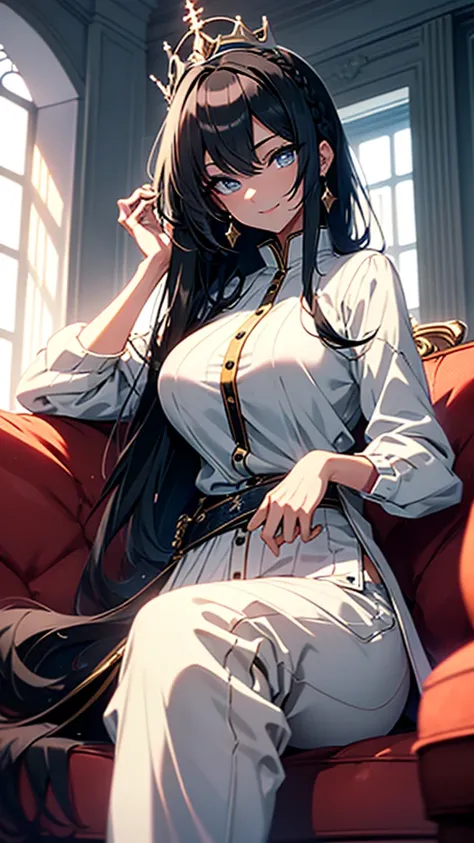 best quality, extremely detailed, anime style adult 1girl, long hair down to the waist, straight hair, ((dark black hair with bluish)), ponybun,crown braid,beautiful detailed eyes, pinched eyes, dark blue eyes, huge breasts,curvy,((((white cool prince clot...