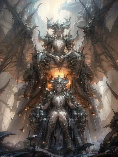 a fantasy image, a cave full of bones and a throne of skulls, it should show a thin moonlight, in the center of the image there should be a woman with bat wings and horns, the bottom should be rocky with an opening at the top of the cave.