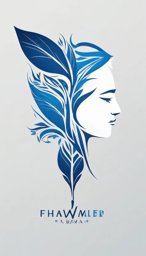 Create a white-blue, minimalistic, symbol design of a head half fantasy bird with five giant leaves on both sides of the face and half boy face dreamer. Logo must be in a minimalistic style and convey the companionship between a boy and a bird