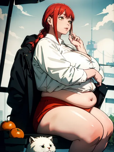 Le personnage Makima de la série animée Chainsaw Man, fragile, obésité morbide, ssbbw, pleine longueur (corps entier 1.1.), fond sombre, obscurité, anatomie correcte 1.1, anatomie correcte de la main, Très féminin, corps gras et rond, grosses Jambes, fesse...