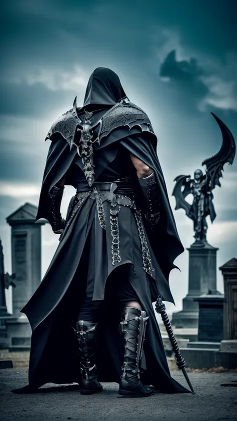 skullish, horn curved towards the back of the head, No eyes, black cape with collar, skeletor, apavorante, The background is a cemetery, de corpo inteiro, serious face with a cane 