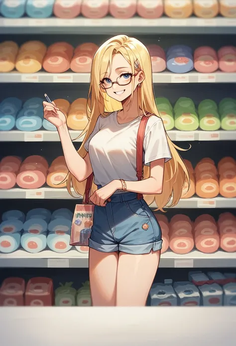  with glasses, very pretty smile and straight, blonde hair, Toy store style