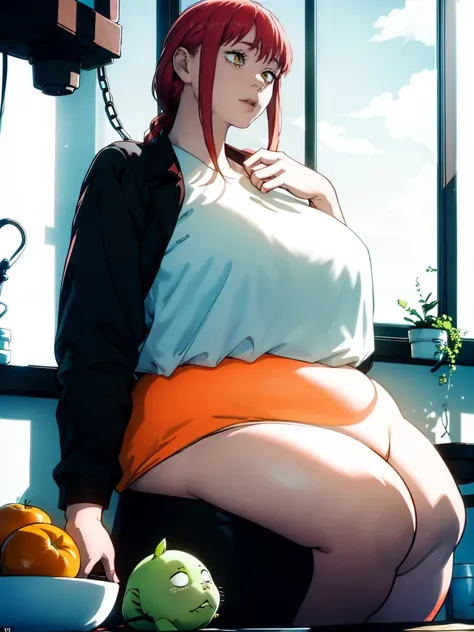 Le personnage Makima de la série animée Chainsaw Man, fragile, obésité morbide, ssbbw, pleine longueur (corps entier 1.1.), fond sombre, obscurité, anatomie correcte 1.1, anatomie correcte de la main, Très féminin, corps gras et rond, grosses Jambes, fesse...