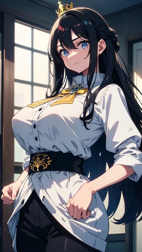 best quality, extremely detailed, anime style adult 1girl, long hair down to the waist, straight hair, ((dark black hair with bluish)), ponybun,crown braid,beautiful detailed eyes, pinched eyes, dark blue eyes, huge breasts,curvy,((((white game motif cloth...