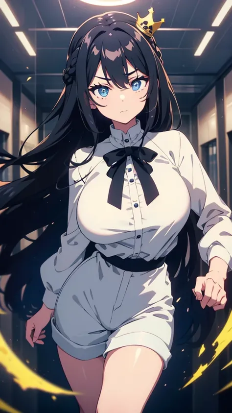 best quality, extremely detailed, anime style adult 1girl, long hair down to the waist, straight hair, ((dark black hair with bluish)), ponybun,crown braid,beautiful detailed eyes, pinched eyes, dark blue eyes, huge breasts,curvy,((((white game motif cloth...