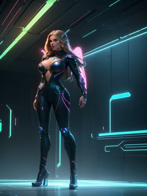 a beautiful female valkyrie in a futuristic high-tech bodysuit, cleavage, full body dynamic sexy pose, advanced technology armor...