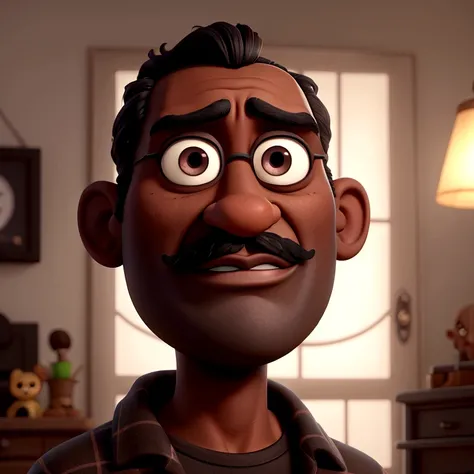 dark man, with mustache and goatee, dark short hair, dark shaped eyes, serious countenance, Disney Pixar animation