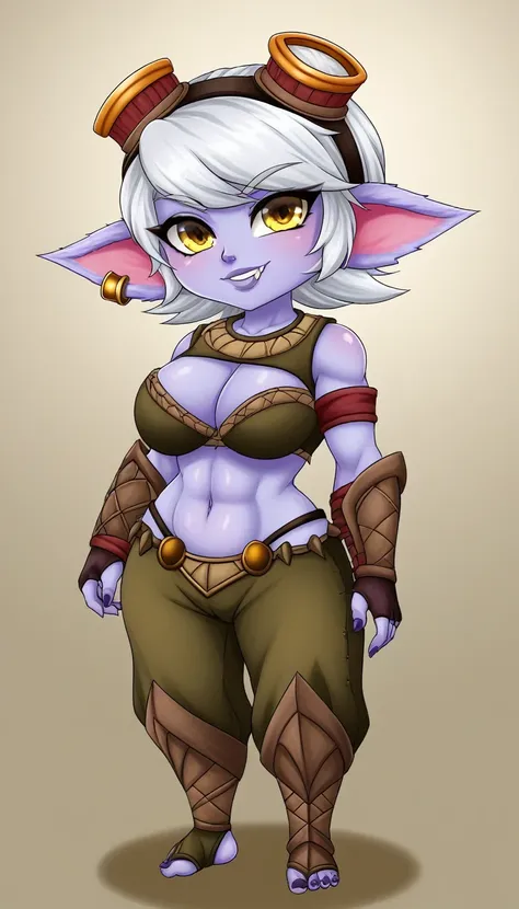 TristanaLoLXL, yordle, yellow eyes, pointy ears, by white, short hair, purple skin, colored skin. BIG BREASTS, belly button, caveman clothing, Chibi