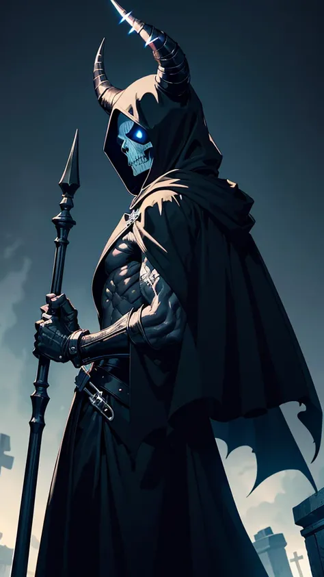 skullish, horn curved towards the back of the head, No eyes, black cape with collar, skeletor, apavorante, The background is a cemetery, de corpo inteiro, serious face with a cane 