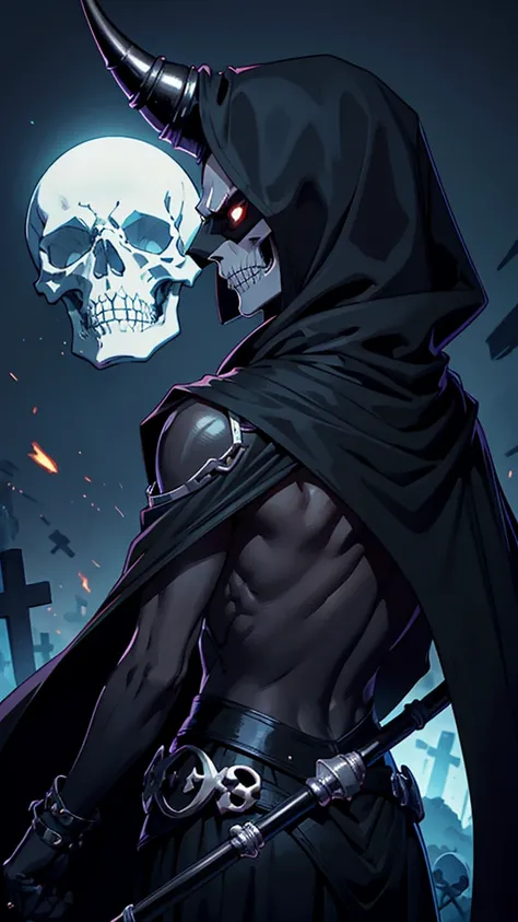 skullish, horn curved towards the back of the head, No eyes, black cape with collar, skeletor, apavorante, The background is a cemetery, de corpo inteiro, serious face with a cane 