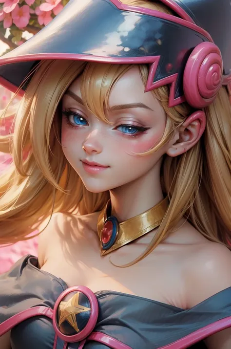 Beautiful face of dark magician gils, blue eyes. pink lips. Long blonde hair. exposed shoulders, angelic smile, beautiful well detailed face of dark magician gils. blowing a kiss. sexy kiss 