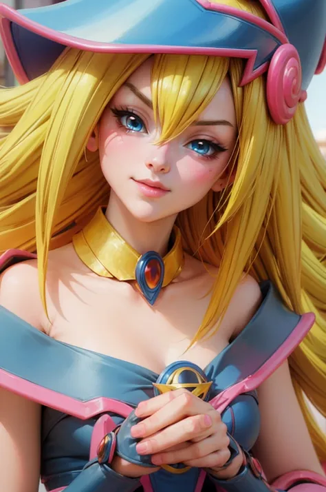 Beautiful face of dark magician gils, blue eyes. pink lips. Long blonde hair. exposed shoulders, angelic smile, beautiful well detailed face of dark magician gils. blowing a kiss. sexy kiss 