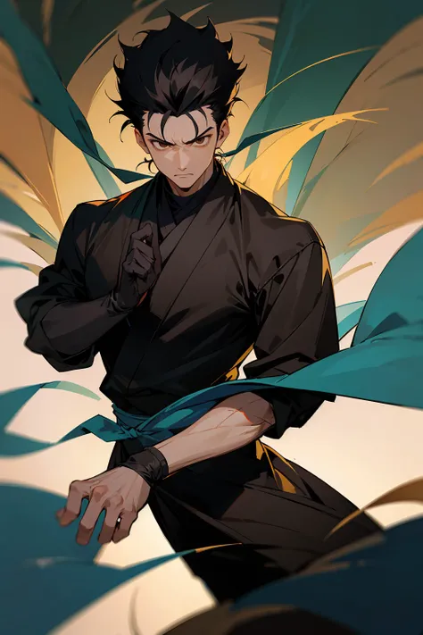 1male, Male, Dark Black Hair, Brown Eyes, Perfect Generation, Masterpiece Quality, serious expression, Black Shihakusho Outfit, Fighter Wraps