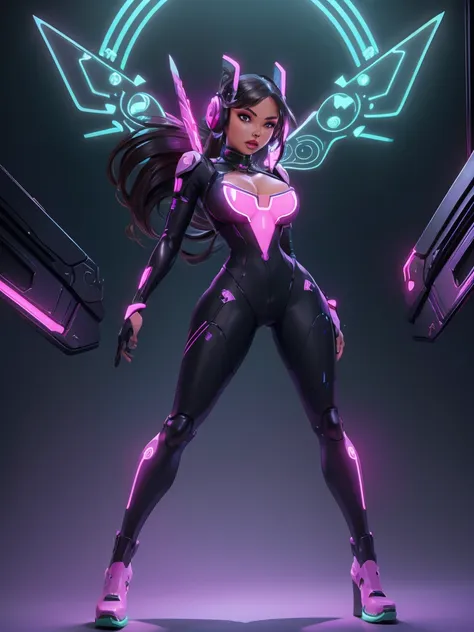 future, neon, tech valkyrie mechanics , technology bodysuit,tech boots, tech gloves, tech headphones, cleavage, fullbody dynamic...