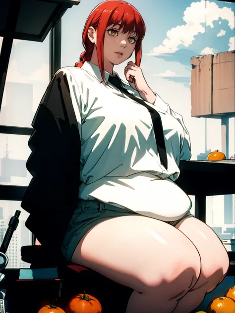 Le personnage Makima de la série animée Chainsaw Man, fragile, obésité morbide, ssbbw, pleine longueur (corps entier 1.1.), fond sombre, obscurité, anatomie correcte 1.1, anatomie correcte de la main, Très féminin, corps gras et rond, grosses Jambes, fesse...