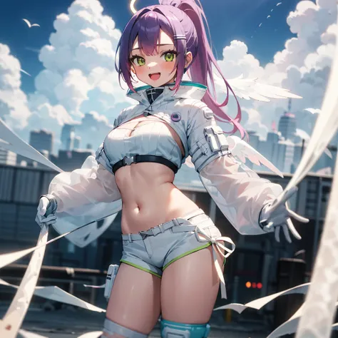 1girl, solo, heaven, clouds, light, cowboy shot, :D, towawhite, (halo), (angel wings, giant wings), high ponytail, very long hair, navel, white crop top, white jacket, cleavage, white shorts, short shorts, navel, long sleeves, white gloves, knee pads 