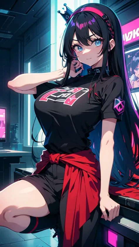 best quality, extremely detailed, anime style adult 1girl, long hair down to the waist, straight hair, ((dark black hair with bluish)),crown braid,beautiful detailed eyes, pinched eyes, dark blue eyes, huge breasts,curvy,(((colorful game motif cyberpunk cl...