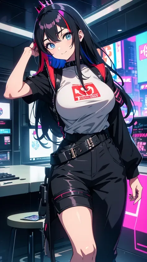 best quality, extremely detailed, anime style adult 1girl, long hair down to the waist, straight hair, ((dark black hair with bluish)),crown braid,beautiful detailed eyes, pinched eyes, dark blue eyes, huge breasts,curvy,(((colorful game motif cyberpunk cl...