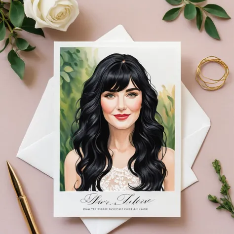 A white woman with long, black, wavy hair and short bangs. She creates custom invitations and stationery for weddings. She offers this service to couples who want a personalized wedding. She has different models of invitations, envelopes and things related...