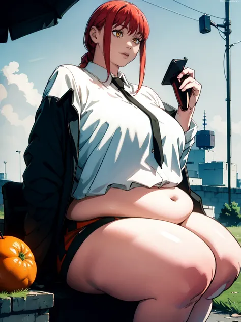 Le personnage Makima de la série animée Chainsaw Man, fragile, obésité morbide, ssbbw, pleine longueur (corps entier 1.1.), fond sombre, obscurité, anatomie correcte 1.1, anatomie correcte de la main, Très féminin, corps gras et rond, grosses Jambes, fesse...