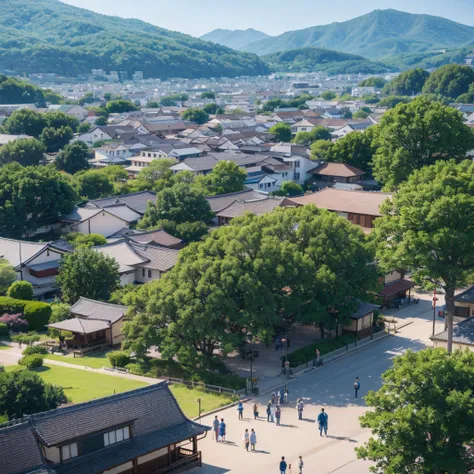 Make a small town painting with five characters in it. There should be no protagonist. Each person’s eyes look very story-telling. Japanese anime style.