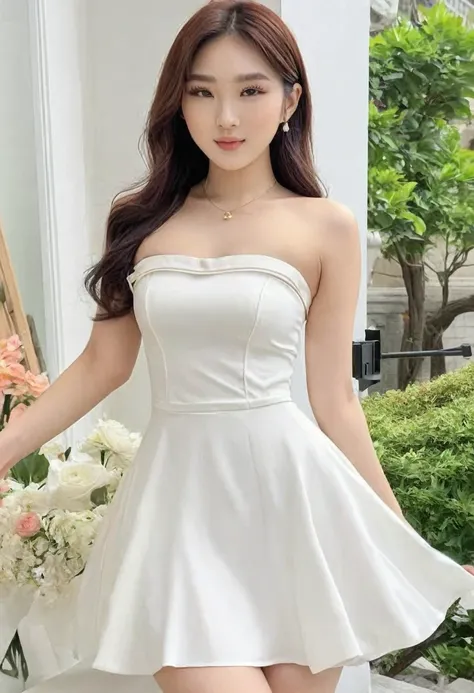 ((high quality:1.2)), (8k), extremely detailed, ((High detail:1.2)), ((best resolution:1.4)), Solo, 24 years old Korean Ulzzang female, ((tight short dress strapless)), BREAK, (((perfect hourglass hot body))), (((square and defined face of an extremely per...