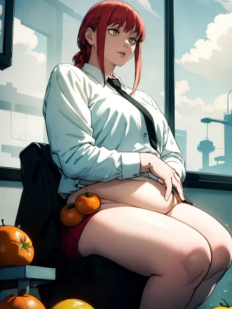 Le personnage Makima de la série animée Chainsaw Man, fragile, obésité morbide, ssbbw, pleine longueur (corps entier 1.1.), fond sombre, obscurité, anatomie correcte 1.1, anatomie correcte de la main, Très féminin, corps gras et rond, grosses Jambes, fesse...