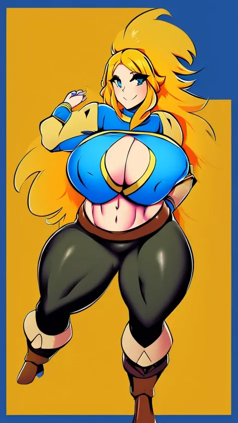 Sexy girl big breast cute cavalry long straight curly yellow hair her blue eye wears blue sleeveless top shows navel and long metallic black pants big thigh sexy brown boot 