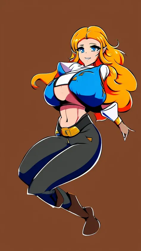 Sexy girl big breast cute cavalry long straight curly yellow hair her blue eye wears blue sleeveless top shows navel and long metallic black pants big thigh sexy brown boot 