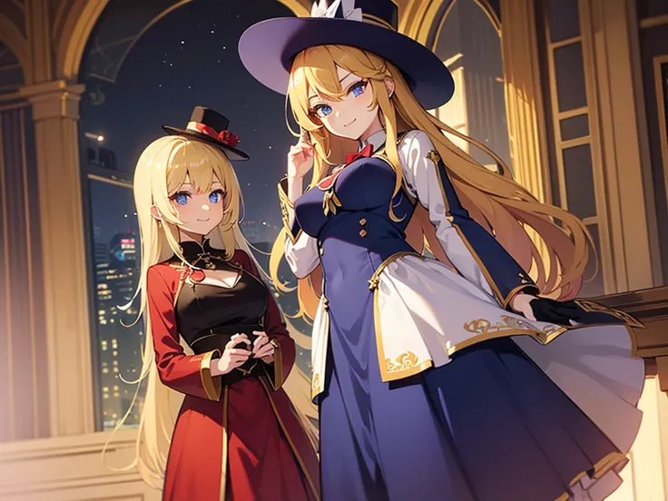 (( straight face picture )) ((best quality)),  ((Masterpiece)), (details), Young woman , yellow hair , long hair , tie up hair ,With a red bow , Reserve female magic  , blue eyes ,Blue purple set, Gold pattern, wearing a big brimmed hat , Magician , The dr...